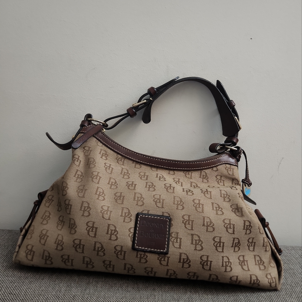Dooney & Bourke logo Print Gretta Hobo Shoulder Bag Satchel Purse Brown